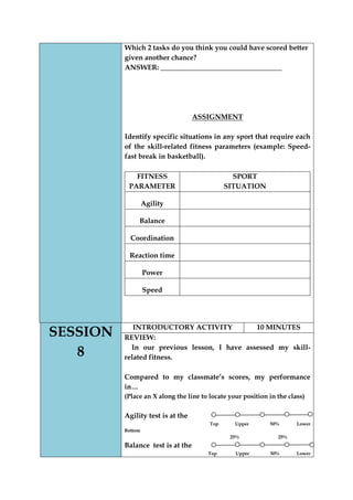 Which 2 tasks do you think you could have scored better given another chance? 
ANSWER: __________________________________ 
ASSIGNMENT 
Identify specific situations in any sport that require each of the skill-related fitness parameters (example: Speed- fast break in basketball). 
FITNESS PARAMETER 
SPORT 
SITUATION 
Agility 
Balance 
Coordination 
Reaction time 
Power 
Speed 
SESSION 8 
INTRODUCTORY ACTIVITY 
10 MINUTES 
REVIEW: 
In our previous lesson, I have assessed my skill- related fitness. 
Compared to my classmate‟s scores, my performance in… 
(Place an X along the line to locate your position in the class) 
Agility test is at the 
Top Upper 50% Lower Bottom 
25% 25% 
Balance test is at the 
Top Upper 50% Lower  