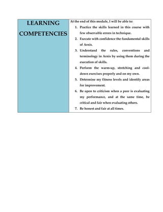 LEARNING COMPETENCIES 
At the end of this module, I will be able to: 
1. Practice the skills learned in this course with few observable errors in technique. 
2. Execute with confidence the fundamental skills of Arnis. 
3. Understand the rules, conventions and terminology in Arnis by using them during the execution of skills. 
4. Perform the warm-up, stretching and cool- down exercises properly and on my own. 
5. Determine my fitness levels and identify areas for improvement. 
6. Be open to criticism when a peer is evaluating my performance, and at the same time, be critical and fair when evaluating others. 
7. Be honest and fair at all times. 
 