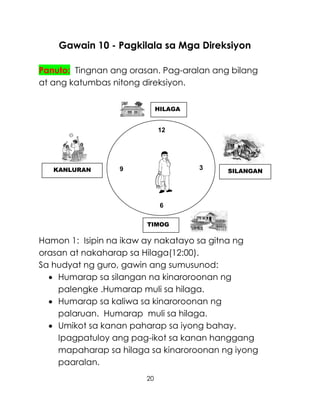 20
Gawain 10 - Pagkilala sa Mga Direksiyon
Panuto: Tingnan ang orasan. Pag-aralan ang bilang
at ang katumbas nitong direksiyon.
Hamon 1: Isipin na ikaw ay nakatayo sa gitna ng
orasan at nakaharap sa Hilaga(12:00).
Sa hudyat ng guro, gawin ang sumusunod:
 Humarap sa silangan na kinaroroonan ng
palengke .Humarap muli sa hilaga.
 Humarap sa kaliwa sa kinaroroonan ng
palaruan. Humarap muli sa hilaga.
 Umikot sa kanan paharap sa iyong bahay.
Ipagpatuloy ang pag-ikot sa kanan hanggang
mapaharap sa hilaga sa kinaroroonan ng iyong
paaralan.
HILAGA
KANLURAN
TIMOG
SILANGAN
12
9
6
3
 