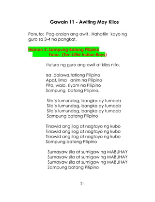 21
Gawain 11 - Awiting May Kilos
Panuto: Pag-aralan ang awit . Hahatiin kayo ng
guro sa 3-4 na pangkat.
Hamon 2: Sampung Batang Pilipino
Tono: (Ten Little Indian Boys)
Ituturo ng guro ang awit at kilos nito.
Isa ,dalawa,tatlong Pilipino
Apat, lima anim na Pilipino
Pito, walo, siyam na Pilipino
Sampung batang Pilipino.
Sila’y lumundag, bangka ay tumaob
Sila’y lumundag, bangka ay tumaob
Sila’y lumundag, bangka ay tumaob
Sampung batang Pilipino
Tinawid ang ilog at nagtayo ng kubo
Tinawid ang ilog at nagtayo ng kubo
Tinawid ang ilog at nagtayo ng kubo
Sampung batang Pilipino
Sumayaw sila at sumigaw ng MABUHAY
Sumayaw sila at sumigaw ng MABUHAY
Sumayaw sila at sumigaw ng MABUHAY
Sampung batang Pilipino
 
