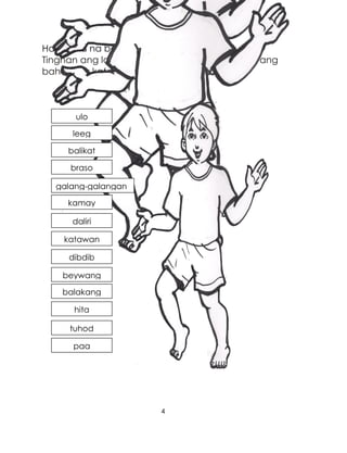4
Handa ka na bang magsimula?
Tingnan ang larawan at pagdugtungin ng linya ang
bahagi ng katawan at ang pangalan nito.
ulo
galang-galangan
kamay
daliri
katawan
braso
Arms
leeg
Torso
k
dibdib
beywang
Torso
so
balikat
balakang
paa
tuhod
hita
 