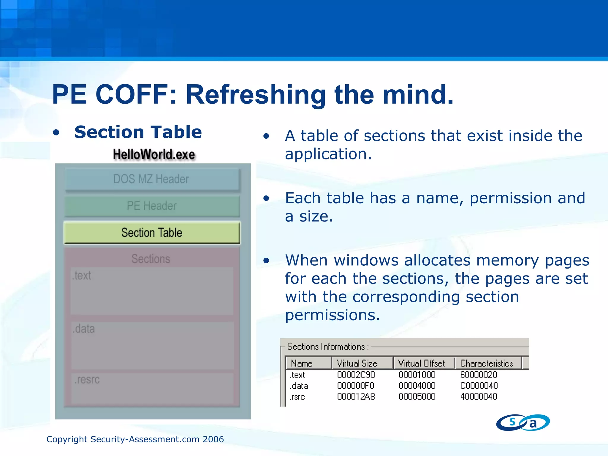 PE COFF: Refreshing the mind. Section Table A table of sections that exist inside the application. Each table has a name, permission and a size. When windows allocates memory pages for each the sections, the pages are set with the corresponding section permissions. 