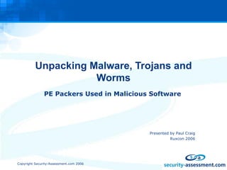 Unpacking Malware, Trojans and Worms PE Packers Used in Malicious Software ,[object Object],[object Object]