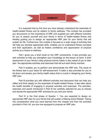 32
It is expected that by this time you have already understood the essentials of
health-related fitness and its relation to family wellness. This module has provided
you discussions on the importance of HRF and supplied you with different activities
for you to assess yourself and your family in terms of health-related fitness and
thereby guiding you to design an appropriate HRF plan for your family that will
sustain for life. Furthermore, this module is focused on a wide range of activities that
will help you develop appropriate skills, enables you to understand fitness concepts
and their application, as well as fosters confidence and appreciation of physical
activity as a means to wellness.
Part I gives you a brief recall on the HRF components. It also provides you
with activities to help you strengthen your knowledge on the lesson at hand. A brief
assessment of your family’s daily physical activity habits is also asked of you to later
plan the appropriate activities and exercises that will suit each family member.
Part II enables you to perform and demonstrate the HRF test. The result of
the fitness test is your basis for self-assessment. A table is also provided for you to
list down and assess your family health status that is crucial in designing your family
HRF plan.
Part III provides you with different activities and discussion that can help you
reflect and think deeply on the essentials of health-related fitness. It also talks about
the health benefits of engaging in physical activities and exercises. The activities,
exercises and sports introduced in Part III are carefully selected for you to choose
and decide the appropriate HRF activities for you and your family.
Part IV is the final phase of Quarter 1. You are expected to design an
appropriate HRF plan for your family that will sustain a lifelong active lifestyle. Taking
into consideration what you have learned from this chapter and from the activities
provided in Part I-III, you are now equipped to propose an HRF plan.
SUMMARY
 