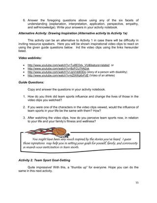 55
6. Answer the foregoing questions above using any of the six facets of
understanding (explanation, interpretation, application, perspective, empathy,
and self-knowledge). Write your answers in your activity notebook.
Alternative Activity: Drawing Inspiration (Alternative activity to Activity 1a)
This activity can be an alternative to Activity 1 in case there will be difficulty in
inviting resource speakers. Here you will be shown inspirational video clips to react on
using the given guide questions below. Ind the video clips using the links hereunder
listed.
Video weblinks:
 http://www.youtube.com/watch?v=Tui8EOdv_VU&feature=related or
 http://www.youtube.com/watch?v=BzFCU7hN2yk
 http://www.youtube.com/watch?v=JpVrddlI3Do (story of a person with disability)
 http://www.youtube.com/watch?v=kZlXWp6vFdE (Video of an athlete)
Guide Questions:
Copy and answer the questions in your activity notebook.
1. How do you think did team sports influence and change the lives of those in the
video clips you watched?
2. If you were one of the characters in the video clips viewed, would the influence of
team sports in your life be the same with them? How?
3. After watching the video clips, how do you perceive team sports now, in relation
to your life and your family’s fitness and wellness?
Activity 2: Team Sport Goal-Setting
Quite impressive! With this, a “thumbs up” for everyone. Hope you can do the
same in this next activity.
You might have been very much inspired by the stories you‟ve heard. I guess
those inpirations may help you in setting your goals for youself, family, and community
as regards your participation in team sports.
 