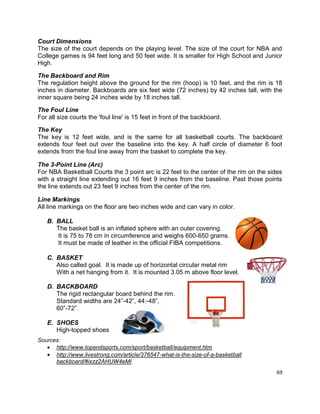 69
Court Dimensions
The size of the court depends on the playing level. The size of the court for NBA and
College games is 94 feet long and 50 feet wide. It is smaller for High School and Junior
High.
The Backboard and Rim
The regulation height above the ground for the rim (hoop) is 10 feet, and the rim is 18
inches in diameter. Backboards are six feet wide (72 inches) by 42 inches tall, with the
inner square being 24 inches wide by 18 inches tall.
The Foul Line
For all size courts the 'foul line' is 15 feet in front of the backboard.
The Key
The key is 12 feet wide, and is the same for all basketball courts. The backboard
extends four feet out over the baseline into the key. A half circle of diameter 6 foot
extends from the foul line away from the basket to complete the key.
The 3-Point Line (Arc)
For NBA Basketball Courts the 3 point arc is 22 feet to the center of the rim on the sides
with a straight line extending out 16 feet 9 inches from the baseline. Past those points
the line extends out 23 feet 9 inches from the center of the rim.
Line Markings
All line markings on the floor are two inches wide and can vary in color.
B. BALL
The basket ball is an inflated sphere with an outer covering.
It is 75 to 78 cm in circumference and weighs 600-650 grams.
It must be made of leather in the official FIBA competitions.
C. BASKET
Also called goal. It is made up of horizontal circular metal rim
With a net hanging from it. It is mounted 3.05 m above floor level.
D. BACKBOARD
The rigid rectangular board behind the rim.
Standard widths are 24”-42”, 44:-48”,
60”-72”.
E. SHOES
High-topped shoes
Sources:
 http://www.topendsports.com/sport/basketball/equipment.htm
 http://www.livestrong.com/article/376547-what-is-the-size-of-a-basketball
backboard/#ixzz2AHUW4eMI
 