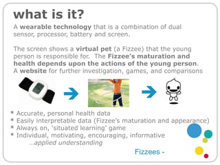 what is it?A wearable technology that is a combination of dual sensor, processor, battery and screen.The screen shows a virtual pet (a Fizzee) that the young person is responsible for.  The Fizzee’s maturation and health depends upon the actions of the young person.A website for further investigation, games, and comparisons* Accurate, personal health data* Easily interpretable data (Fizzee’s maturation and appearance)* Always on, ‘situated learning’ game* Individual, motivating, encouraging, informative         …applied understandingFizzees -