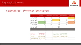 Programação Estruturada I
Prof. Charles Fortes
Calendário – Provas e Reposições
Agosto Setembro Outubro Novembro Dezembro
Semana 1 13 3 1 5 3
Semana 2 20 10 8 12 10
Semana 3 23 17 15 19 17
Semana 4 27 24 22 26
Semana 5 29
Feriado 15/10/2014 Reposição 23/08/2014
Prova 08/0/2014 Prova Final 03/10/2014
Substitutiva 17/12/2014
 