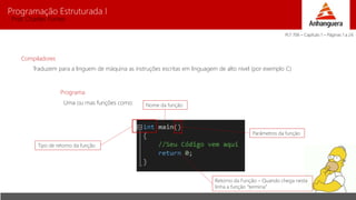 Programação Estruturada I 
Prof. Charles Fortes 
Compiladores 
Traduzem para a linguem de máquina as instruções escritas em linguagem de alto nível (por exemplo C) 
Programa 
Uma ou mas funções como: 
Tipo de retorno da função 
Parâmetros da função 
Retorno da Função – Quando chega nesta 
linha a função “termina” 
Nome da função 
PLT 706 – Capítulo 1 – Páginas 1 a 24 
 