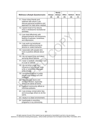 D
EPED
C
O
PY
63
Wellness Lifestyle Questionnaire Always
(5)
Nearly
Always
(4)
Often
(3)
Seldom
(2)
Never
(1)
11.	I have close friends and
relatives with whom I can
discuss personal problems and
approach for help when needed.
12.	I spend most of my leisure
time in wholesome recreational
activities.
13.	I can deal effectively with
disappointments and temporary
feeling of sadness, loneliness,
and depression.
14.	I can work out emotional
problems without turning to
alcohol or violent behavior.
15.	I associate with people who
have a positive attitude about
life.
16.	I do not spend time and talent
worrying about failures.
17.	I wear a seatbelt, whenever I am
in a car or vehicle.
18.	I do not drive under the
influence of alcohol nor read,
write or send text messages
while driving.
19.	I avoid being alone in public
places and staying out until
midnight.
20.	I always keep doors and
windows locked, especially
when I am alone at home.
21.	I support community efforts to
minimize pollution.
22.	I use energy conservation tips
and encourage others to do the
same.
23.	I study in a clean environment.
24.	I participate in recycling
programs in my community.
All rights reserved. No part of this material may be reproduced or transmitted in any form or by any means -
electronic or mechanical including photocopying – without written permission from the DepEd Central Office. First Edition, 2015.
 