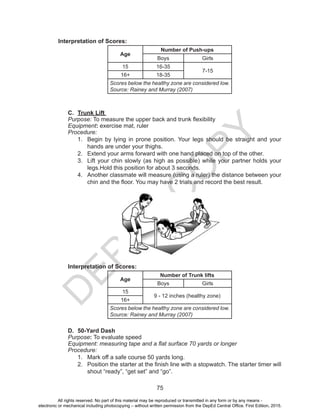 D
EPED
C
O
PY
75
Interpretation of Scores:
Age
Number of Push-ups
Boys Girls
15 16-35
7-15
16+ 18-35
Scores below the healthy zone are considered low.
Source: Rainey and Murray (2007)
C.	 Trunk Lift
Purpose: To measure the upper back and trunk flexibility
Equipment: exercise mat, ruler
Procedure:
1.	 Begin by lying in prone position. Your legs should be straight and your
hands are under your thighs.
2.	 Extend your arms forward with one hand placed on top of the other.
3.	 Lift your chin slowly (as high as possible) while your partner holds your
legs.Hold this position for about 3 seconds.
4.	 Another classmate will measure (using a ruler) the distance between your
chin and the floor. You may have 2 trials and record the best result.
Interpretation of Scores:
Age
Number of Trunk lifts
Boys Girls
15
9 - 12 inches (healthy zone)
16+
Scores below the healthy zone are considered low.
Source: Rainey and Murray (2007)
D.	 50-Yard Dash
Purpose: To evaluate speed
Equipment: measuring tape and a flat surface 70 yards or longer
Procedure:
1.	 Mark off a safe course 50 yards long.
2.	 Position the starter at the finish line with a stopwatch. The starter timer will
shout “ready”, “get set” and “go”.
All rights reserved. No part of this material may be reproduced or transmitted in any form or by any means -
electronic or mechanical including photocopying – without written permission from the DepEd Central Office. First Edition, 2015.
 