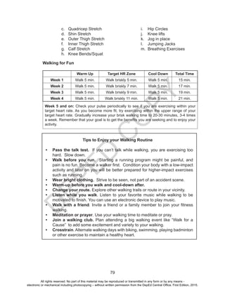 D
EPED
C
O
PY
79
c.	 Quadricep Stretch
d.	 Shin Stretch
e.	 Outer Thigh Stretch
f.	 Inner Thigh Stretch
g.	 Calf Stretch
h.	 Knee Bends/Squat
i.	 Hip Circles
j.	 Knee lifts
k.	 Jog in place
l.	 Jumping Jacks
m.	 Breathing Exercises
Walking for Fun
Warm Up Target HR Zone Cool Down Total Time
Week 1 Walk 5 min. Walk briskly 5 min. Walk 5 min. 15 min.
Week 2 Walk 5 min. Walk briskly 7 min. Walk 5 min. 17 min.
Week 3 Walk 5 min. Walk briskly 9 min. Walk 5 min. 19 min.
Week 4 Walk 5 min. Walk briskly 11 min. Walk 5 min. 21 min.
Week 5 and on: Check your pulse periodically to see if you are exercising within your
target heart rate. As you become more fit, try exercising within the upper range of your
target heart rate. Gradually increase your brisk walking time to 20-30 minutes, 3-4 times
a week. Remember that your goal is to get the benefits you are seeking and to enjoy your
activity.
Tips to Enjoy your Walking Routine
•	 Pass the talk test. If you can’t talk while walking, you are exercising too
hard. Slow down.
•	 Walk before you run. Starting a running program might be painful, and
pain is no fun. Become a walker first. Condition your body with a low-impact
activity and later on you will be better prepared for higher-impact exercises
such as running.
•	 Wear bright clothing. Strive to be seen, not part of an accident scene.
•	 Warm-up before you walk and cool-down after.
•	 Change your route. Explore other walking trails or route in your vicinity.
•	 Listen while you walk. Listen to your favorite music while walking to be
motivated to finish. You can use an electronic device to play music.
•	 Walk with a friend. Invite a friend or a family member to join your fitness
walking.
•	 Meditation or prayer. Use your walking time to meditate or pray.
•	 Join a walking club. Plan attending a big walking event like “Walk for a
Cause” to add some excitement and variety to your walking.
•	 Crosstrain. Alternate walking days with biking, swimming, playing badminton
or other exercise to maintain a healthy heart.
All rights reserved. No part of this material may be reproduced or transmitted in any form or by any means -
electronic or mechanical including photocopying – without written permission from the DepEd Central Office. First Edition, 2015.
 