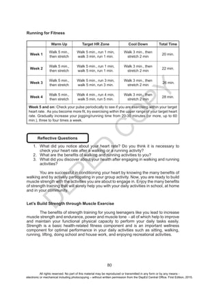 D
EPED
C
O
PY
80
Running for Fitness
Warm Up Target HR Zone Cool Down Total Time
Week 1
Walk 5 min.,
then stretch
Walk 5 min., run 1 min,
walk 3 min, run 1 min.
Walk 3 min., then
stretch 2 min
20 min.
Week 2
Walk 5 min.,
then stretch
Walk 5 min., run 1 min,
walk 5 min, run 1 min.
Walk 3 min., then
stretch 2 min
22 min.
Week 3
Walk 5 min.,
then stretch
Walk 5 min., run 3 min,
walk 5 min, run 3 min.
Walk 3 min., then
stretch 2 min
26 min.
Week 4
Walk 5 min.,
then stretch
Walk 4 min., run 4 min,
walk 5 min, run 5 min.
Walk 3 min., then
stretch 2 min
28 min.
Week 5 and on: Check your pulse periodically to see if you are exercising within your target
heart rate. As you become more fit, try exercising within the upper range of your target heart
rate. Gradually increase your jogging/running time from 20-30 minutes (or more, up to 60
min.), three to four times a week.
Reflective Questions
1.	 What did you notice about your heart rate? Do you think it is necessary to
check your heart rate after a walking or a running activity?
2.	 What are the benefits of walking and running activities to you?
3.	 What did you discover about your health after engaging in walking and running
activities?
You are successful in conditioning your heart by knowing the many benefits of
walking and by actively participating in your group activity. Now, you are ready to build
muscle strength with the activities you are about to engage in. Enjoy the many benefits
of strength training that will surely help you with your daily activities in school, at home
and in your community.
Let’s Build Strength through Muscle Exercise
	 The benefits of strength training for young teenagers like you lead to increase
muscle strength and endurance, power and muscle tone - all of which help to improve
and maintain your functional physical capacity to perform your daily tasks easily.
Strength is a basic health-related fitness component and is an important wellness
component for optimal performance in your daily activities such as sitting, walking,
running, lifting, doing school and house work, and enjoying recreational activities.
All rights reserved. No part of this material may be reproduced or transmitted in any form or by any means -
electronic or mechanical including photocopying – without written permission from the DepEd Central Office. First Edition, 2015.
 