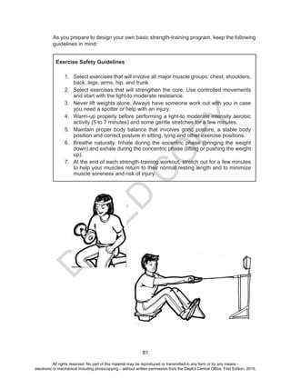 D
EPED
C
O
PY
81
As you prepare to design your own basic strength-training program, keep the following
guidelines in mind:
Exercise Safety Guidelines
1.	 Select exercises that will involve all major muscle groups: chest, shoulders,
back, legs, arms, hip, and trunk.
2.	 Select exercises that will strengthen the core. Use controlled movements
and start with the light-to moderate resistance.
3.	 Never lift weights alone. Always have someone work out with you in case
you need a spotter or help with an injury.
4.	 Warm-up properly before performing a light-to moderate intensity aerobic
activity (5 to 7 minutes) and some gentle stretches for a few minutes.
5.	 Maintain proper body balance that involves good posture, a stable body
position and correct posture in sitting, lying and other exercise positions.
6.	 Breathe naturally. Inhale during the eccentric phase (bringing the weight
down) and exhale during the concentric phase (lifting or pushing the weight
up).
7.	 At the end of each strength-training workout, stretch out for a few minutes
to help your muscles return to their normal resting length and to minimize
muscle soreness and risk of injury.
All rights reserved. No part of this material may be reproduced or transmitted in any form or by any means -
electronic or mechanical including photocopying – without written permission from the DepEd Central Office. First Edition, 2015.
 