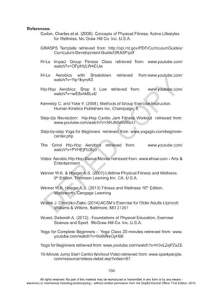 D
EPED
C
O
PY
104
References:
Corbin, Charles et al. (2008). Concepts of Physical Fitness: Active Lifestyles
for Wellness. Mc Graw Hill Co. Inc. U.S.A.
GRASPS Template retrieved from: http://opi.mt.gov/PDF/CurriculumGuides/
Curriculum-Development-Guide/GRASP.pdf
Hi-Lo Impact Group Fitness Class retrieved from: www.youtube.com/
watch?v=OFpHULW4CUw
Hi-Lo Aerobics with Breakdown retrieved from:www.youtube.com/
watch?v=Yqr1bymA3
Hip-Hop Aerobics: Drop it Low retrieved from: www.youtube.com/
watch?v=iwE8xhk0LxU
Kennedy C. and Yoke Y. (2008). Methods of Group Exercise Instruction.
Human Kinetics Publishers Inc. Champaign, Il.
Step-Up Revolution: Hip-Hop Cardio Jam Fitness Workout retrieved from:
www.youtube.com/watch?v=SRJN5mVIGcU
Step-by-step Yoga for Beginners retrieved from: www.yogaglo.com/beginner-
center.php
The Grind Hip-Hop Aerobics retrieved from: www.youtube.com/
watch?v=PYHEjFb3fq0
Video: Aerobic Hip-Hop Dance Moves retrieved from: www.ehow.com › Arts &
Entertainment
Werner W.K. & Hoeger A.S. (2007) Lifetime Physical Fitness and Wellness.
9th
Edition. Thomson Learning Inc. CA. U.S.A.
Werner W.K. Hoeger A.S. (2013) Fitness and Wellness 10th
Edition.
Wadsworth, Cengage Learning
Wojtek J. Chodzko-Zajko (2014) ACSM’s Exercise for Older Adults Lipincott
Williams & Wilkins, Baltimore, MD 21201
Wuest, Deborah A. (2012) . Foundations of Physical Education, Exercise
Science and Sport. McGraw Hill Co. Inc. U.S.A.
Yoga for Complete Beginners - Yoga Class 20 minutes retrieved from: www.
youtube.com/watch?v=0o0kNeOyH98
Yoga for Beginners retrieved from: www.youtube.com/watch?v=H3vLZqPZxZE
10-Minute Jump Start Cardio Workout Video retrieved from: www.sparkpeople.
com/resource/videos-detail.asp?video=87
All rights reserved. No part of this material may be reproduced or transmitted in any form or by any means -
electronic or mechanical including photocopying – without written permission from the DepEd Central Office. First Edition, 2015.
 