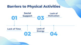 03
04
02
Barriers to Physical Activities
Social
Support
Lack of
Motivation
Lack of Time Lack of
Energy
01
 