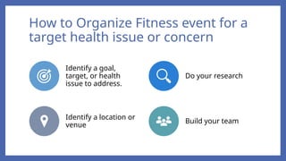 How to Organize Fitness event for a
target health issue or concern
Identify a goal,
target, or health
issue to address.
Do your research
Identify a location or
venue
Build your team
 