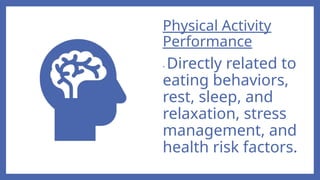 Physical Activity
Performance
- Directly related to
eating behaviors,
rest, sleep, and
relaxation, stress
management, and
health risk factors.
 