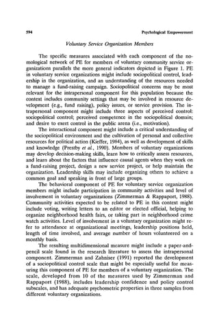 594 Psychological Empowerment
Voluntary Service Organization Members
The specific measures associated with each component of the no-
mological network of PE for members of voluntary community service or-
ganizations parallels the more general indicators depicted in Figure 1. PE
in voluntary service organizations might include sociopolitical control, lead-
ership in the organization, and an understanding of the resources needed
to manage a fund-raising campaign. Sociopolitical concerns may be most
relevant for the intrapersonal component for this population because the
context includes community settings that may be involved in resource de-
velopment (e.g., fund raising), policy issues, or service provision. The in-
trapersonal component might include three aspects of perceived control:
sociopolitical control; perceived competence in the sociopolitical domain;
and desire to exert control in the public arena (i.e., motivation).
The interactional component might include a critical understanding of
the sociopolitical environment and the cultivation of personal and collective
resources for political action (Kieffer, 1984), as well as development of skills
and knowledge (Prestby et al., 1990). Members of voluntary organizations
may develop decision-making skills, learn how to critically assess resources,
and learn about the factors that influence causal agents when they work on
a fund-raising project, design a new service project, or help maintain the
organization. Leadership skills may include organizing others to achieve a
common goal and speaking in front of large groups.
The behavioral component of PE for voluntary service organization
members might include participation in community activities and level of
involvement in voluntary organizations (Zimmerman & Rappaport, 1988).
Community activities expected to be related to PE in this context might
include voting, writing letters to an editor or elected official, helping to
organize neighborhood health fairs, or taking part in neighborhood crime
watch activities. Level of involvement in a voluntary organization might re-
fer to attendance at organizational meetings, leadership positions held,
length of time involved, and average number of hours volunteered on a
monthly basis.
The resulting multidimensional measure might include a paper-and-
pencil scale found in the research literature to assess the intrapersonal
component. Zimmerman and Zahniser (1991) reported the development
of a sociopolitical control scale that might be especially useful for meas-
uring this component of PE for members of a voluntary organization. The
scale, developed from 10 of the measures used by Zimmerman and
Rappaport (1988), includes leadership confidence and policy control
subscales, and has adequate psychometric properties in three samples from
different voluntary organizations.
 