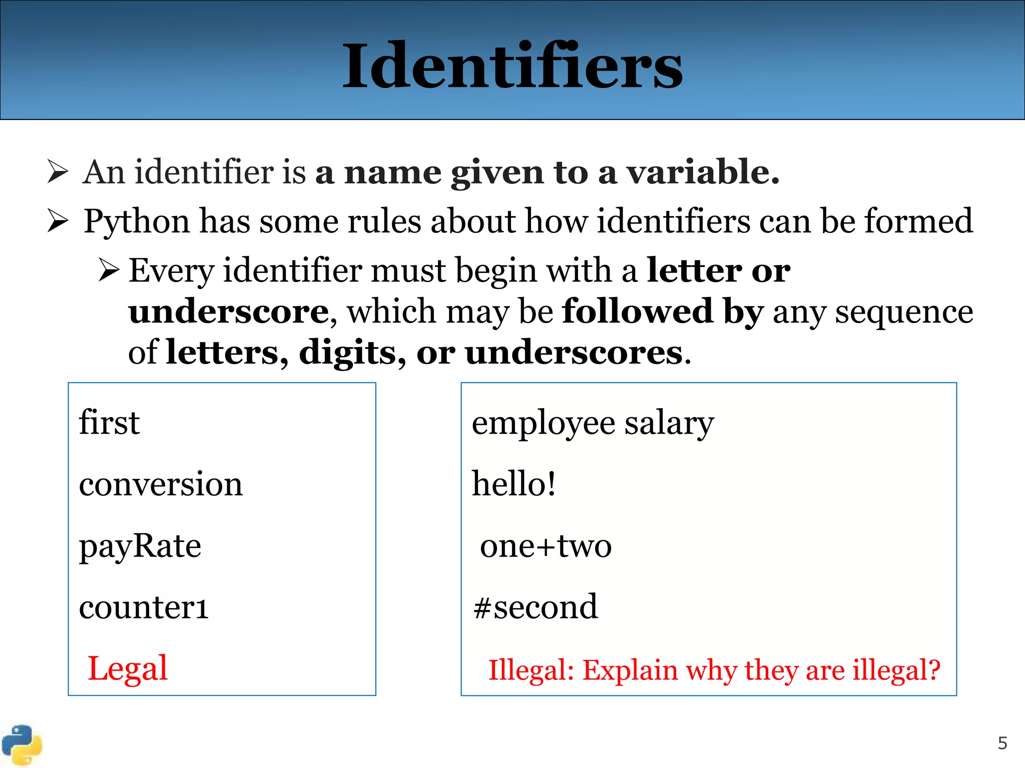 5
Identifiers
 An identifier is a name given to a variable.
 Python has some rules about how identifiers can be formed
Every identifier must begin with a letter or
underscore, which may be followed by any sequence
of letters, digits, or underscores.
first
conversion
payRate
counter1
Legal
employee salary
hello!
one+two
#second
Illegal: Explain why they are illegal?
 