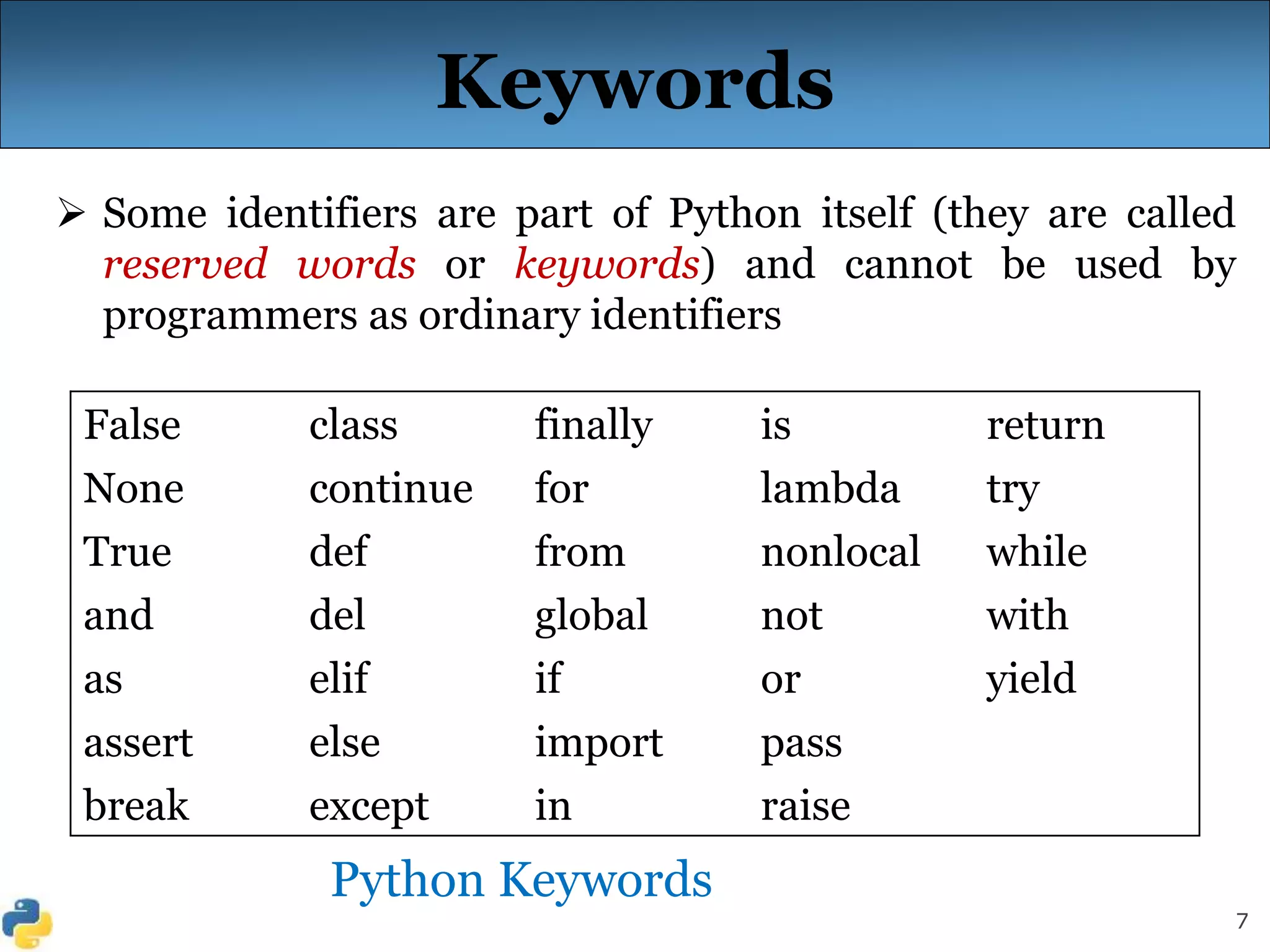 7
Keywords
 Some identifiers are part of Python itself (they are called
reserved words or keywords) and cannot be used by
programmers as ordinary identifiers
False class finally is return
None continue for lambda try
True def from nonlocal while
and del global not with
as elif if or yield
assert else import pass
break except in raise
Python Keywords
 