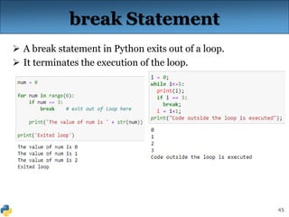 45
break Statement
 A break statement in Python exits out of a loop.
 It terminates the execution of the loop.
 