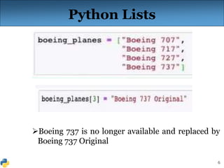 6
Python Lists
Boeing 737 is no longer available and replaced by
Boeing 737 Original
 