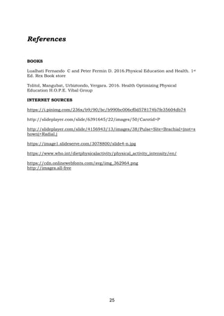 25
References
BOOKS
Lualhati Fernando C and Peter Fermin D. 2016.Physical Education and Health. 1st
Ed. Rex Book store
Tolitol, Mangubat, Urbiztondo, Vergara. 2016. Health Optimizing Physical
Education H.O.P.E. Vibal Group
INTERNET SOURCES
https://i.pinimg.com/236x/b9/90/bc/b990bc006cf0d578174b7fe35604db74
http://slideplayer.com/slide/6391645/22/images/50/Carotid+P
http://slideplayer.com/slide/4156943/13/images/38/Pulse+Site+Brachial+(not+s
hown)+Radial.j
https://image1.slideserve.com/3078800/slide4-n.jpg
https://www.who.int/dietphysicalactivity/physical_activity_intensity/en/
https://cdn.onlinewebfonts.com/svg/img_362964.png
http://images.all-free
 