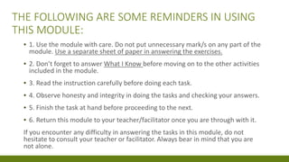 THE FOLLOWING ARE SOME REMINDERS IN USING
THIS MODULE:
▪ 1. Use the module with care. Do not put unnecessary mark/s on any part of the
module. Use a separate sheet of paper in answering the exercises.
▪ 2. Don’t forget to answer What I Know before moving on to the other activities
included in the module.
▪ 3. Read the instruction carefully before doing each task.
▪ 4. Observe honesty and integrity in doing the tasks and checking your answers.
▪ 5. Finish the task at hand before proceeding to the next.
▪ 6. Return this module to your teacher/facilitator once you are through with it.
If you encounter any difficulty in answering the tasks in this module, do not
hesitate to consult your teacher or facilitator. Always bear in mind that you are
not alone.
 