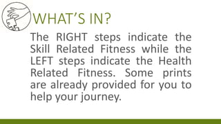 WHAT’S IN?
The RIGHT steps indicate the
Skill Related Fitness while the
LEFT steps indicate the Health
Related Fitness. Some prints
are already provided for you to
help your journey.
 