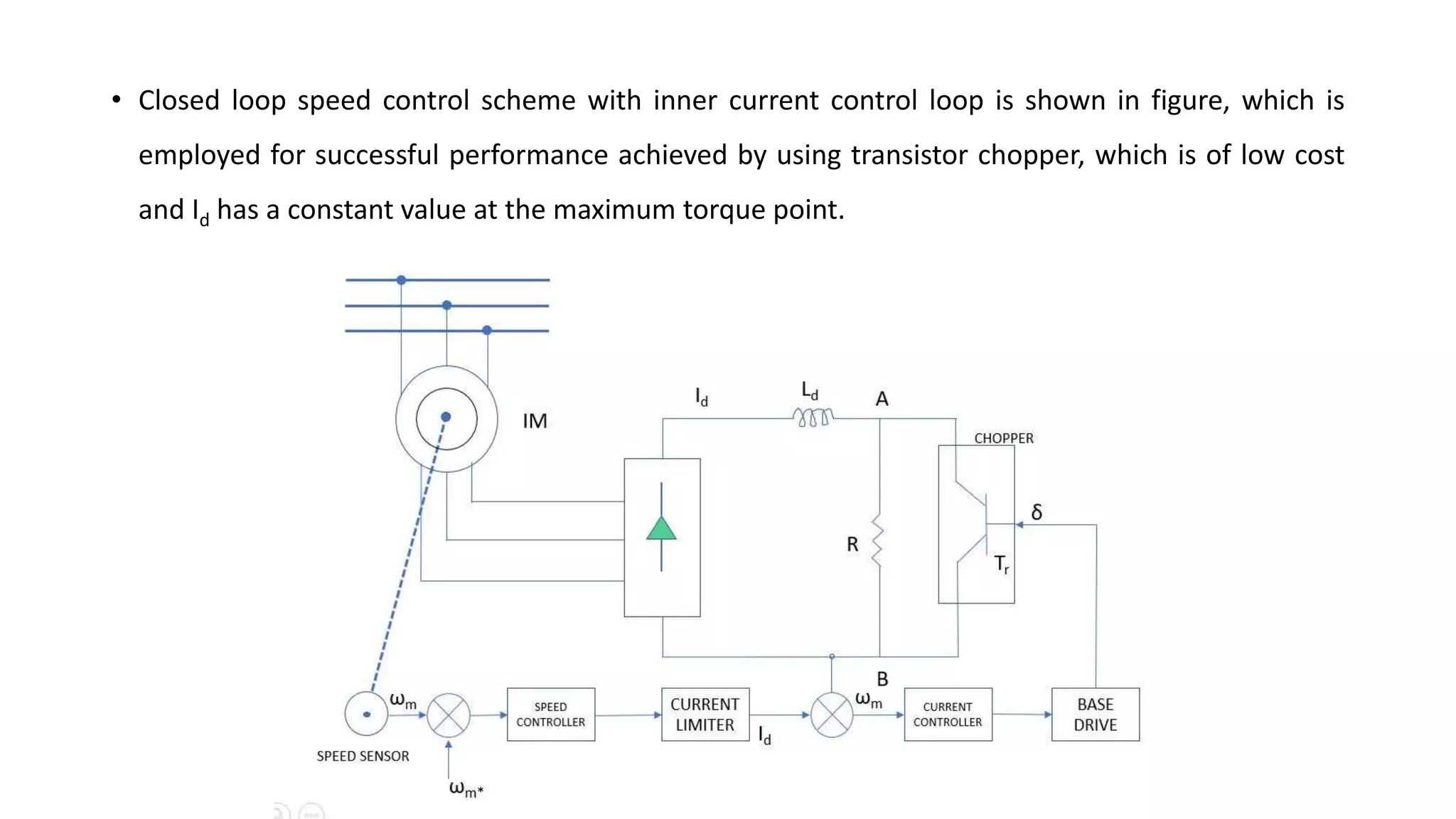• Closed loop speed control scheme with inner current control loop is shown in figure, which is
employed for successful performance achieved by using transistor chopper, which is of low cost
and Id has a constant value at the maximum torque point.
 