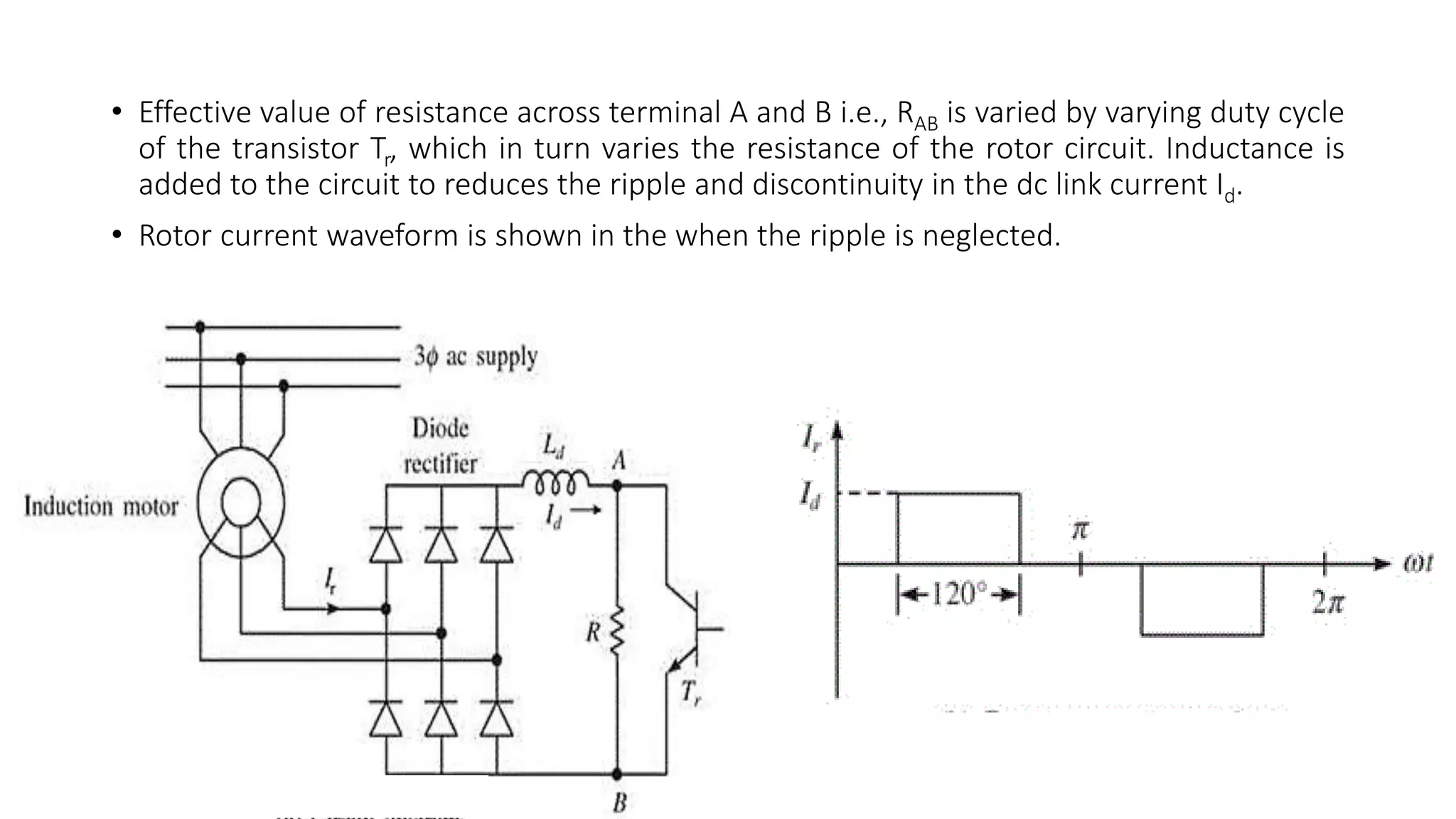 • Effective value of resistance across terminal A and B i.e., RAB is varied by varying duty cycle
of the transistor Tr, which in turn varies the resistance of the rotor circuit. Inductance is
added to the circuit to reduces the ripple and discontinuity in the dc link current Id.
• Rotor current waveform is shown in the when the ripple is neglected.
 