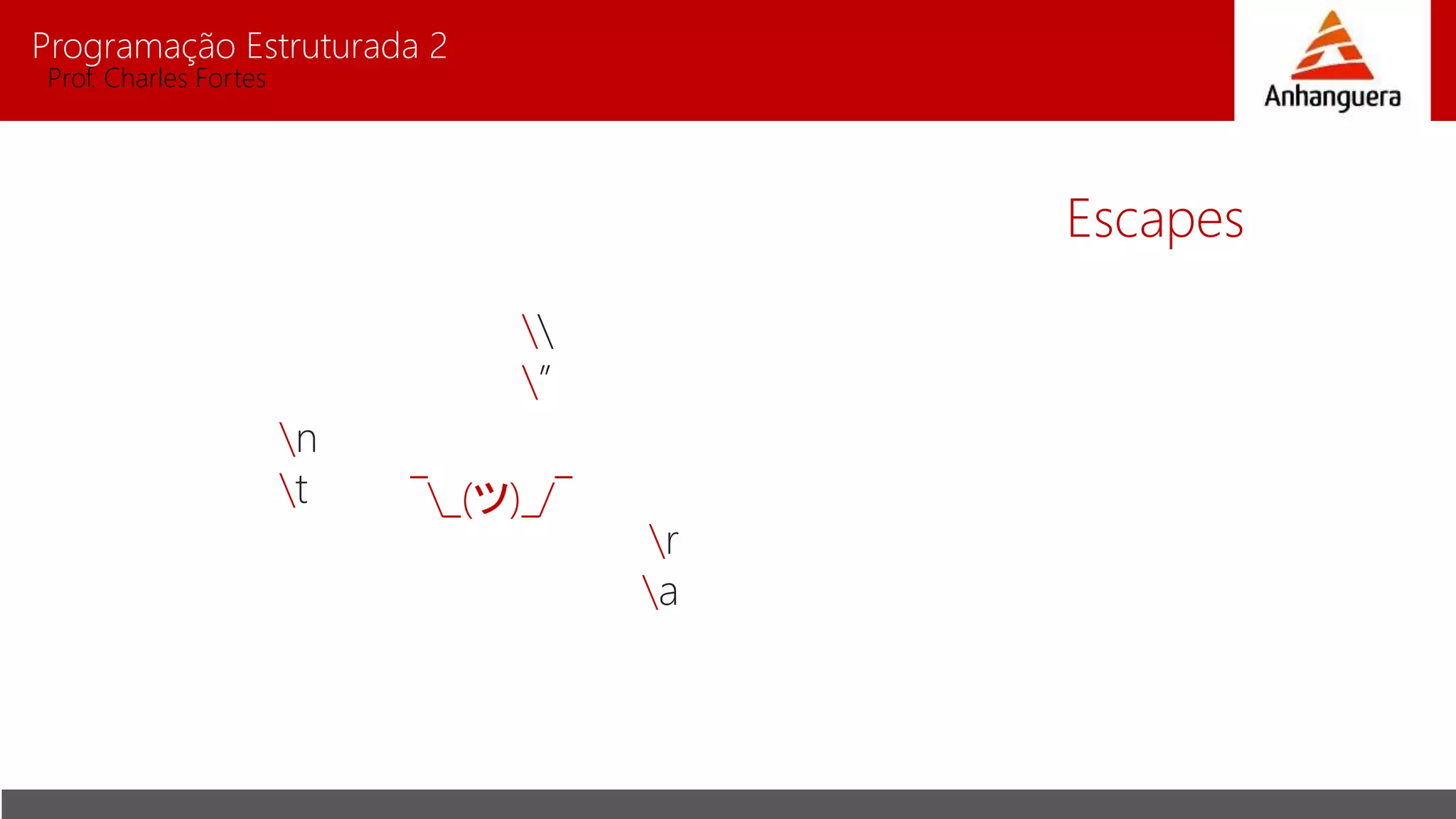 Programação Estruturada 2
Prof. Charles Fortes
Escapes
n
t
r
a

”
¯_(ツ)_/¯
 