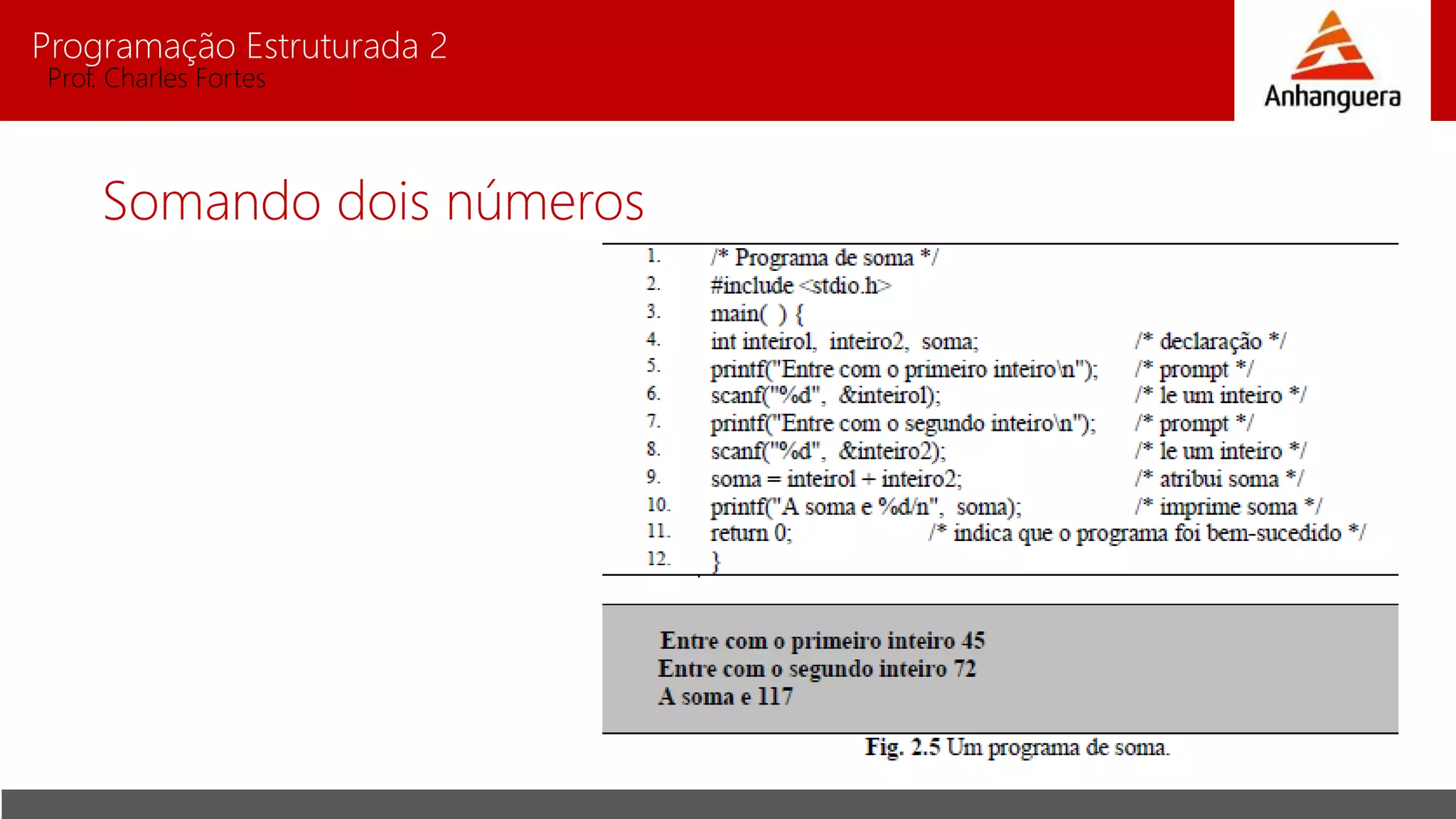 Programação Estruturada 2
Prof. Charles Fortes
Somando dois números
 