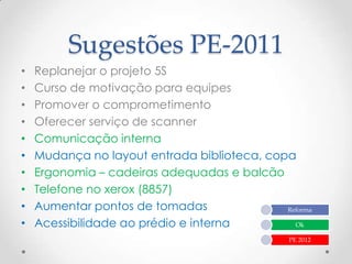 Sugestões PE-2011
•   Replanejar o projeto 5S
•   Curso de motivação para equipes
•   Promover o comprometimento
•   Oferecer serviço de scanner
•   Comunicação interna
•   Mudança no layout entrada biblioteca, copa
•   Ergonomia – cadeiras adequadas e balcão
•   Telefone no xerox (8857)
•   Aumentar pontos de tomadas               Reforma

•   Acessibilidade ao prédio e interna         Ok

                                                PE 2012
 