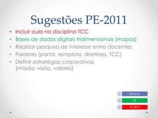 Sugestões PE-2011
•   Incluir aula na disciplina TCC
•   Bases de dados digitais tridimensionais (mapas)
•   Realizar pesquisa de interesse entre docentes
•   Folderes (portal, template, diretrizes, TCC)
•   Definir estratégias corporativas
    (missão, visão, valores)



                                                Reforma

                                                  Ok

                                                PE 2012
 