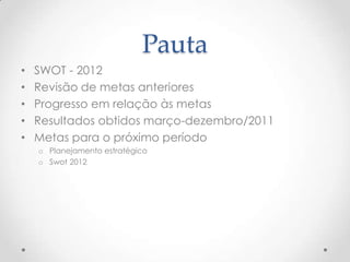 Pauta
•   SWOT - 2012
•   Revisão de metas anteriores
•   Progresso em relação às metas
•   Resultados obtidos março-dezembro/2011
•   Metas para o próximo período
    o Planejamento estratégico
    o Swot 2012
 