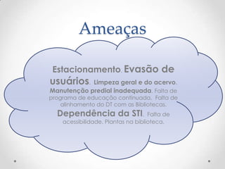 Ameaças

 Estacionamento. Evasão de
usuários.   Limpeza geral e do acervo.
Manutenção predial inadequada. Falta de
programa de educação continuada. Falta de
    alinhamento do DT com as Bibliotecas.
  Dependência da STI.               Falta de
    acessibilidade. Plantas na biblioteca.
 