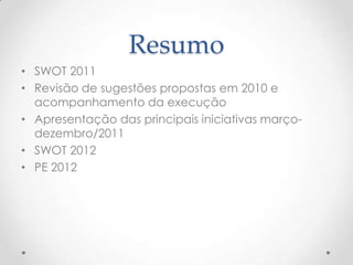 Resumo
• SWOT 2011
• Revisão de sugestões propostas em 2010 e
  acompanhamento da execução
• Apresentação das principais iniciativas março-
  dezembro/2011
• SWOT 2012
• PE 2012
 