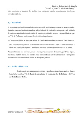 Projeto Educativo de Creche
“Escola e Família de mãos dadas”
lado assistimos ao aumento de famílias com problemas sociais, nomeadamente alcoolismo,
toxicodependência.

1.3. Recursos
A freguesia possui muitos estabelecimentos comerciais sendo eles de restauração, supermercados,
drogarias, padarias, bombas de gasolina, talhos, indústria de confecções, construção civil, indústria
de madeiras, carpintaria, transformação de granitos, serralharias, seguros e contabilidade, e quer
em Vila de Punhe quer nas áreas envolventes, há muita emigração.
No Turismo de Habitação destaca-se a Casa da Portela, Quinta de Bouça e casa da Torre das neves.
Como Associações desportivas, Vila de Punhe tem o Neves Futebol Clube, o Centro Recreativo e
Cultural das Neves (com o jornal “ Amanhecer das neves”) e o Grupo Juvenil de Vila de Punhe.
As acessibilidades são razoáveis, sendo a maior parte dos acessos de alcatrão, paralelo e alguns,
mas raros, em terra batida. As estradas estão num estado de conservação razoável e a freguesia
encontra-se razoavelmente bem servida de transportes públicos.

1.4. Rede educativa
Relativamente aos equipamentos sociais e escolares, destes fazem parte o Centro
Social e Paroquial de Vila de Punhe (com valência de creche, jardim de Infância e CATL),
escola do Ensino Básico.

Triénio 2013-2016

 