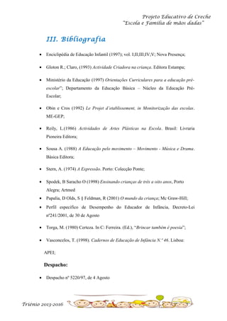 Projeto Educativo de Creche
“Escola e Família de mãos dadas”

III. Bibliografia
•

Enciclipédia de Educação Infantil (1997); vol. I;II;III;IV;V; Nova Presença;

•

Gloton R.; Claro, (1993) Actividade Criadora na criança. Editora Estampa;

•

Ministério da Educação (1997) Orientações Curriculares para a educação préescolar”; Departamento da Educação Básica – Núcleo da Educação PréEscolar;

•

Obin e Cros (1992) Le Projet d’etablissement, in Monitorização das escolas.
ME-GEP;

•

Reily, L.(1986) Actividades de Artes Plásticas na Escola. Brasil: Livraria
Pioneira Editora;

•

Sousa A. (1988) A Educação pelo movimento – Movimento - Música e Drama.
Básica Editora;

•

Stern, A. (1974) A Expressão. Porto: Colecção Ponte;

•

Spodek, B Saracho O (1998) Ensinando crianças de três a oito anos, Porto
Alegra; Artmed

•

Papalia, D Olds, S § Feldman, R (2001) O mundo da criança; Mc Graw-Hill;

•

Perfil especifico de Desempenho do Educador de Infância, Decreto-Lei
nº241/2001, de 30 de Agosto

•

Torga, M. (1980) Certeza. In C: Ferreira. (Ed.), “Brincar também é poesia”;

•

Vasconcelos, T. (1998). Cadernos de Educação de Infância N.º 46. Lisboa:
APEI;

Despacho:
•

Despacho nº 5220/97, de 4 Agosto

Triénio 2013-2016

 