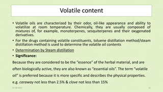 Volatile Content Test Characterization of Herbal crude drugs according to WHO (NIPER ...