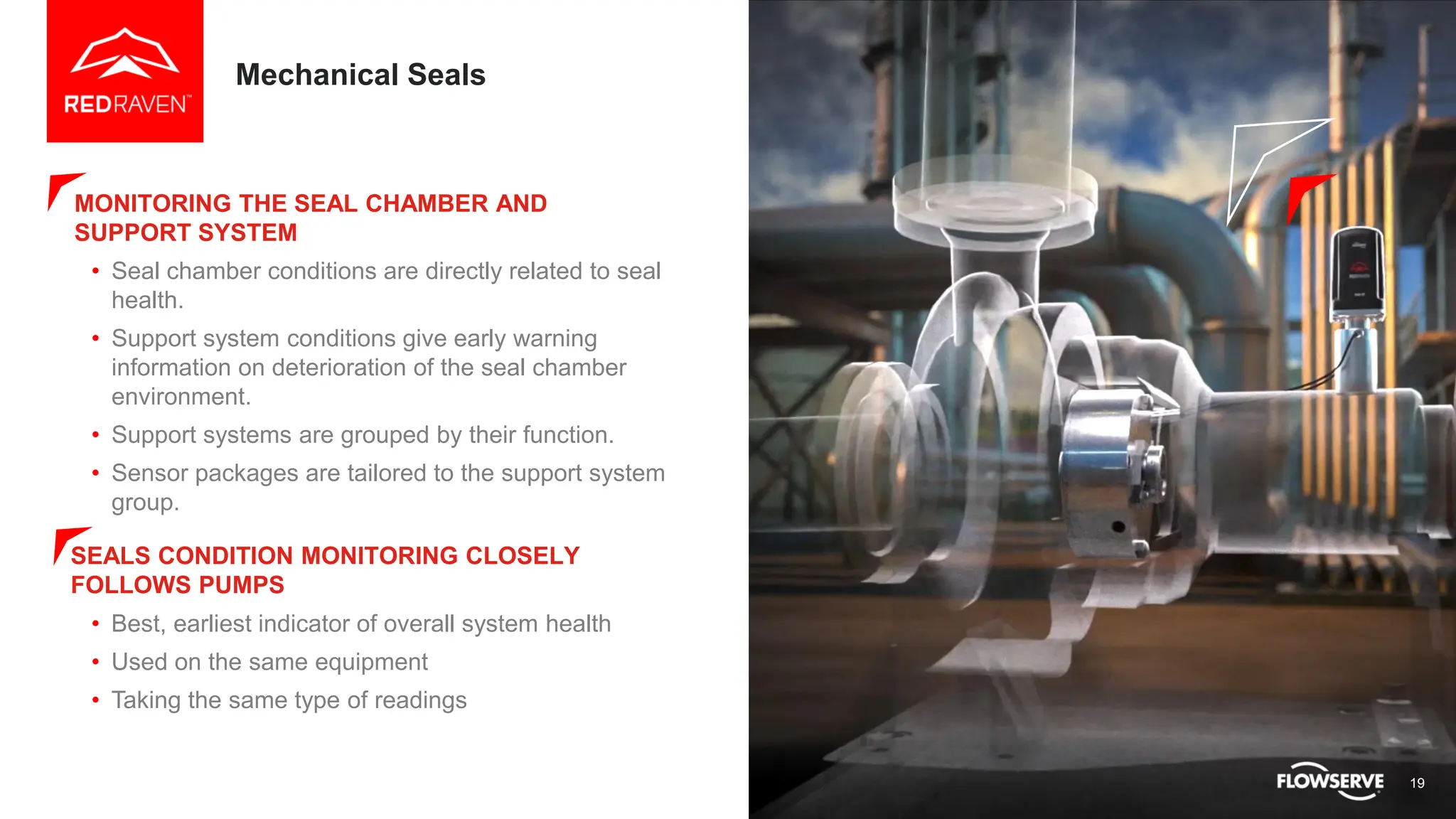 19
Mechanical Seals
MONITORING THE SEAL CHAMBER AND
SUPPORT SYSTEM
• Seal chamber conditions are directly related to seal
health.
• Support system conditions give early warning
information on deterioration of the seal chamber
environment.
• Support systems are grouped by their function.
• Sensor packages are tailored to the support system
group.
• Best, earliest indicator of overall system health
• Used on the same equipment
• Taking the same type of readings
SEALS CONDITION MONITORING CLOSELY
FOLLOWS PUMPS
 