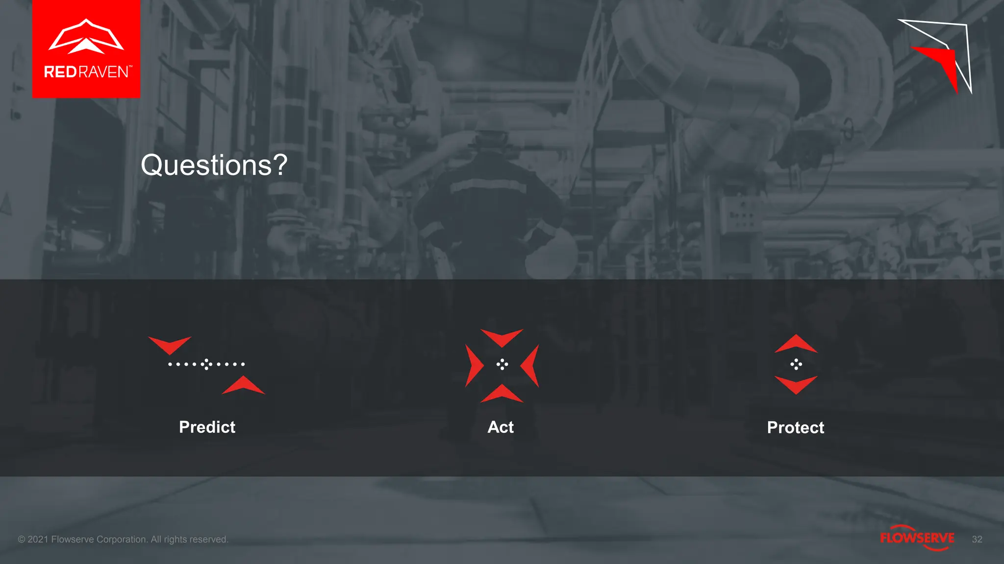 Predict Act Protect
32
Questions?
© 2021 Flowserve Corporation. All rights reserved.
 