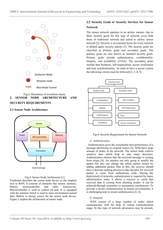 IJRET: International Journal of Research in Engineering and Technology eISSN: 2319-1163 | pISSN: 2321-7308
_______________________________________________________________________________________
Volume: 03 Issue: 01 | Jan-2014, Available @ http://www.ijret.org 103
Fig-2: Illustration of wormhole attack.
2. SENSOR NODE ARCHITECTURE AND
SECURITY REQUIREMENTS
2.1 Sensor Node Architecture
Fig-3: Sensor Node Architecture [1]
Verdonnel describes the sensor node device as the simplest
tool in WSN. It consists of elements like sensor, memory,
battery, microcontroller and radio tranreceiver.
Microcontroller is used to control all task. It is equipped
with the memory which is used to store environment sensed
data. Battery is energy source for the sensor node device.
Figure 3 explain the architecture of sensor node.
2.2 Security Goals or Security Services for Sensor
Network
The sensor network operates in an ad-hoc manner, due to
these security goals for this type of network cover both
those of traditional network and suited to ad-hoc sensor
network [2]. Security is an essential factor for every network
to defend again security attacks [3]. The security goals are
classified as primary goals and secondary goals. The
primary goals are also known as standard security goals.
Primary goals include authentication, confidentiality,
integrity, and availability (CIAA). The secondary goals
include data freshness, self-organization, secure localization
and time synchronization.. In order to have a secure system
the following criteria must be followed [2, 3, 4, 5].
Fig-4: Security Requirement for Sensor Network
1) Authentication:
Authentication gives the consistently best performance of a
message identifying its original source [2]. WSN have large
amount of nodes in the network. The sensor node collects
sensitive data which help to take many decisions.
Authentication ensures that the received message is coming
from origin [4]. An attacker not only going to modify the
packet but also can change the whole packet stream by
adding additional packet. Due to this, the receiver should
have a decision making process to take decision for received
packet is came from authenticate node. During the
deployment of networks, authentication is required for many
administrative tasks; it allows a receiver to verify that
received data is coming from claiming sender. It can be
achieved through symmetric or asymmetric mechanisms. To
provide a secure communication in hostile environments, it
is challenging task to ensure authentication [2, 4].
2) Integrity:
WSN consist of a large number of nodes which
communicates with the help of certain communication
range. In this type of network adversaries may be present,
Security Goals
Primary Goals Secondary Goals
Confidentiality
Integrity
Authentication
Availability
Data Freshness
Self-Organization
Time
Secure LocalizationSensor
Microcontroller
Power
Supply
Memory
Transceiver
Data Exchange
Authentic Node
Attacker node
Wormhole Tunnel
 