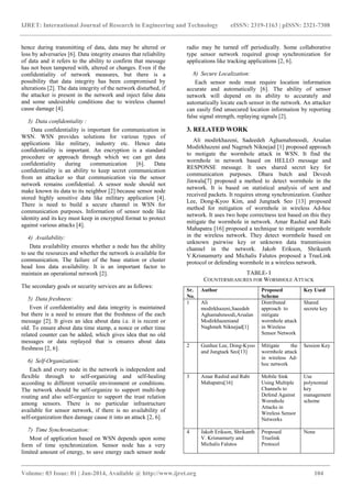 IJRET: International Journal of Research in Engineering and Technology eISSN: 2319-1163 | pISSN: 2321-7308
_______________________________________________________________________________________
Volume: 03 Issue: 01 | Jan-2014, Available @ http://www.ijret.org 104
hence during transmitting of data, data may be altered or
loss by adversaries [6]. Data integrity ensures that reliability
of data and it refers to the ability to confirm that message
has not been tampered with, altered or changes. Even if the
confidentiality of network measures, but there is a
possibility that data integrity has been compromised by
alterations [2]. The data integrity of the network disturbed, if
the attacker is present in the network and inject false data
and some undesirable conditions due to wireless channel
cause damage [4].
3) Data confidentiality :
Data confidentiality is important for communication in
WSN. WSN provides solutions for various types of
applications like military, industry etc. Hence data
confidentiality is important. An encryption is a standard
procedure or approach through which we can get data
confidentiality during communication [6]. Data
confidentiality is an ability to keep secret communication
from an attacker so that communication via the sensor
network remains confidential. A sensor node should not
make known its data to its neighbor [2] because sensor node
stored highly sensitive data like military application [4].
There is need to build a secure channel in WSN for
communication purposes. Information of sensor node like
identity and its key must keep in encrypted format to protect
against various attacks [4].
4) Availability:
Data availability ensures whether a node has the ability
to use the resources and whether the network is available for
communication. The failure of the base station or cluster
head loss data availability. It is an important factor to
maintain an operational network [2].
The secondary goals or security services are as follows:
5) Data freshness:
Even if confidentiality and data integrity is maintained
but there is a need to ensure that the freshness of the each
message [2]. It gives an idea about data i.e. it is recent or
old. To ensure about data time stamp, a nonce or other time
related counter can be added, which gives idea that no old
messages or data replayed that is ensures about data
freshness [2, 6].
6) Self-Organization:
Each and every node in the network is independent and
flexible through to self-organizing and self-healing
according to different versatile environment or conditions.
The network should be self-organize to support multi-hop
routing and also self-organize to support the trust relation
among sensors. There is no particular infrastructure
available for sensor network, if there is no availability of
self-organization then damage cause it into an attack [2, 6].
7) Time Synchronization:
Most of application based on WSN depends upon some
form of time synchronization. Sensor node has a very
limited amount of energy, to save energy each sensor node
radio may be turned off periodically. Some collaborative
type sensor network required group synchronization for
applications like tracking applications [2, 6].
8) Secure Localization:
Each sensor node must require location information
accurate and automatically [6]. The ability of sensor
network will depend on its ability to accurately and
automatically locate each sensor in the network. An attacker
can easily find unsecured location information by reporting
false signal strength, replaying signals [2].
3. RELATED WORK
Ali modirkhazeni, Sadeedeh Aghamahmoodi, Arsalan
Modirkhazeni and Nagrneh Niknejad [1] proposed approach
to motigate the wormhole attack in WSN. It find the
wormhole in network based on HELLO message and
RESPONSE message. It uses shared secret key for
communication purposes. Dhara butch and Devesh
Jinwala[7] proposed a method to detect wormhole in the
network. It is based on statistical analysis of sent and
received packets. It requires strong synchronization. Gunhee
Lee, Dong-Kyoo Kim, and Jungtaek Seo [13] proposed
method for mitigation of wormhole in wireless Ad-hoc
network. It uses two hope correctness test based on this they
mitigate the wormhole in network. Amar Rashid and Rabi
Mahapatra [16] proposed a technique to mitigate wormhole
in the wireless network. They detect wormhole based on
unknown pairwise key or unknown data transmission
channel in the network. Jakob Erikson, Shrikanth
V.Krisnamurty and Michalis Falutos proposed a TrueLink
protocol or defending wormhole in a wireless network.
TABLE- I
COUNTERMEASURES FOR WORMHOLE ATTACK
Sr.
No.
Author Proposed
Scheme
Key Used
1 Ali
modirkhazeni,Saeedeh
Aghamahmoodi,Arsalan
Modirkhazeniand
Naghmeh Niknejad[1]
Distributed
approach to
mitigate
wormhole attack
in Wireless
Sensor Network
Shared
secrete key
2 Gunhee Lee, Dong-Kyoo
and Jungtaek Seo[13]
Mitigate the
wormhole attack
in wireless Ad-
hoc network
Session Key
3 Amar Rashid and Rabi
Mahapatra[16]
Mobile Sink
Using Multiple
Channels to
Defend Against
Wormhole
Attacks in
Wireless Sensor
Networks
Use
polynomial
key
management
scheme
4 Jakob Erikson, Shrikanth
V. Krisnamurty and
Michalis Falutos
Proposed
Truelink
Protocol
None
 