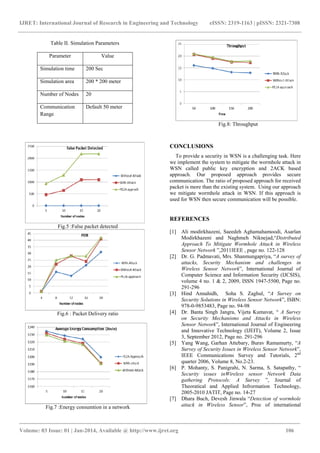 IJRET: International Journal of Research in Engineering and Technology eISSN: 2319-1163 | pISSN: 2321-7308
_______________________________________________________________________________________
Volume: 03 Issue: 01 | Jan-2014, Available @ http://www.ijret.org 106
Table II. Simulation Parameters
Parameter Value
Simulation time 200 Sec
Simulation area 200 * 200 meter
Number of Nodes 20
Communication
Range
Default 50 meter
Fig.5 :False packet detected
Fig.6 : Packet Delivery ratio
Fig.7 :Energy consumtion in a network
Fig.8: Throughput
CONCLUSIONS
To provide a security in WSN is a challenging task. Here
we implement the system to mitigate the wormhole attack in
WSN called public key encryption and 2ACK based
approach. Our proposed approach provides secure
communication. The ratio of proposed approach for received
packet is more than the existing system. Using our approach
we mitigate wormhole attack in WSN. If this approach is
used for WSN then secure communication will be possible.
REFERENCES
[1] Ali modirkhazeni, Saeedeh Aghamahamoodi, Asarlan
Modirkhazeni and Naghmeh Niknejad,“Distributed
Approach To Mitigate Wormhole Attack in Wireless
Sensor Network ”,2011IEEE , page no. 122-128
[2] Dr. G. Padmavati, Mrs. Shanmungapriya, “A survey of
attacks, Security Mechanism and challenges in
Wireless Sensor Network”, International Journal of
Computer Science and Information Security (IJCSIS),
volume 4 no. 1 & 2, 2009, ISSN 1947-5500, Page no.
291-296
[3] Hind Annahidh, Soha S. Zaghul, “A Survey on
Security Solutions in Wireless Sensor Network”, ISBN:
978-0-9853483, Page no. 94-98
[4] Dr. Banta Singh Jangra, Vijeta Kumavat, “ A Survey
on Security Mechanisms and Attacks in Wireless
Sensor Network”, International Journal of Engineering
and Innovative Technology (IJEIT), Volume 2, Issue
3, September 2012, Page no. 291-296
[5] Yang Wang, Garhan Attebary, Burav Ramamurty, “A
Survey of Security Issues in Wireless Sensor Network”,
IEEE Communications Survey and Tutorials, 2nd
quarter 2006, Volume 8, No.2-23.
[6] P. Mohanty, S. Panigrahi, N. Sarma, S. Satapathy, “
Security issues inWireless sensor Network Data
gathering Protocols: A Survey ”, Journal of
Theoratical and Applied Infrormation Technology,
2005-2010 JATIT, Page no. 14-27
[7] Dhara Buch, Devesh Jinwala “Detection of wormhole
attack in Wireless Sensor”, Proc of international
 