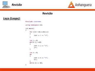 Revisão
Variáveis:
Revisão
#include <iostream>
using namespace std;
int main()
{
const float numero_pi = 3.14;
char genero = 'M';
int idade = 31;
float nota_final = 8.5;
double salario = 1200.12;
cout << "Variáveis:" << genero << "," << idade << "," << nota_final
<< "," << salario << "," << numero_pi << endl;
double nota1, nota2;
cout << "Digite as notas:" << endl;
cin >> nota1 >> nota2;
cout << "Notas: " << nota1 << "-" << nota2;
}
Tipo da variável
Nome da variável
Ler uma variável a partir
do teclado
Prof. Thomás da Costa Programação Estruturada II
 
