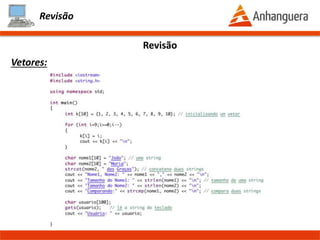 Revisão
Operadores:
Revisão
#include <iostream>
using namespace std;
int main()
{
int x = 10 + 5;// soma
int y = 4 - 20;// subtração
int j = 34 * 160;// multiplicação
int i = 6 / 2;// divisão
int p = 150 % 2;// resto da divisão
int acelerar = 100;// incremento pós-fixado
acelerar++;
int desacelerar = 100;// decremento pós-fixado
desacelerar--;
}
#include <iostream>
using namespace std;
int main()
{
int correr = 20;// incremento pré-fixado
++correr;
int andar = 30;// decremento pré-fixado
--andar;
int a = 1;
int b = 2;
int c = 3;
int d = 4;
int e = 5;
a += 1;// atribuição soma
b -= 1;// atribuição subtração
c *= 1;// atribuição multiplicação
d /= 1;// atribuição divisão
e %= 1;// atribuição resto da divisão
}
Prof. Thomás da Costa Programação Estruturada II
 