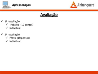 Apresentação
Avaliação
- Média para Aprovação: 6,0
- Período das avaliações B1: 06 até 10 de Abril – 06/04 (SIS) e 07/04 (TADS)
- Período das avaliações B2: 15 até 19 de Junho
- ATPS: 20% da média = até 2,0 pontos
- Arredondamento: uma casa decimal (5,85 = 5,9)
- Prova substitutiva substitui a nota da B2
- Frequência: mínimo 75%, abaixo disso REPROVA
- TERÁ CHAMADA
- 1º Avaliação (Peso: 40%)
- Lista de Exercícios (8 pontos) + ATPS
- Individual
- Aula normal no dia da entrega dos exercícios. Entrega até as 20h50
- 2º Avaliação (Peso: 60%)
- Prova (8 pontos) + ATPS
- Individual
Prof. Thomás da Costa Programação Estruturada II
 